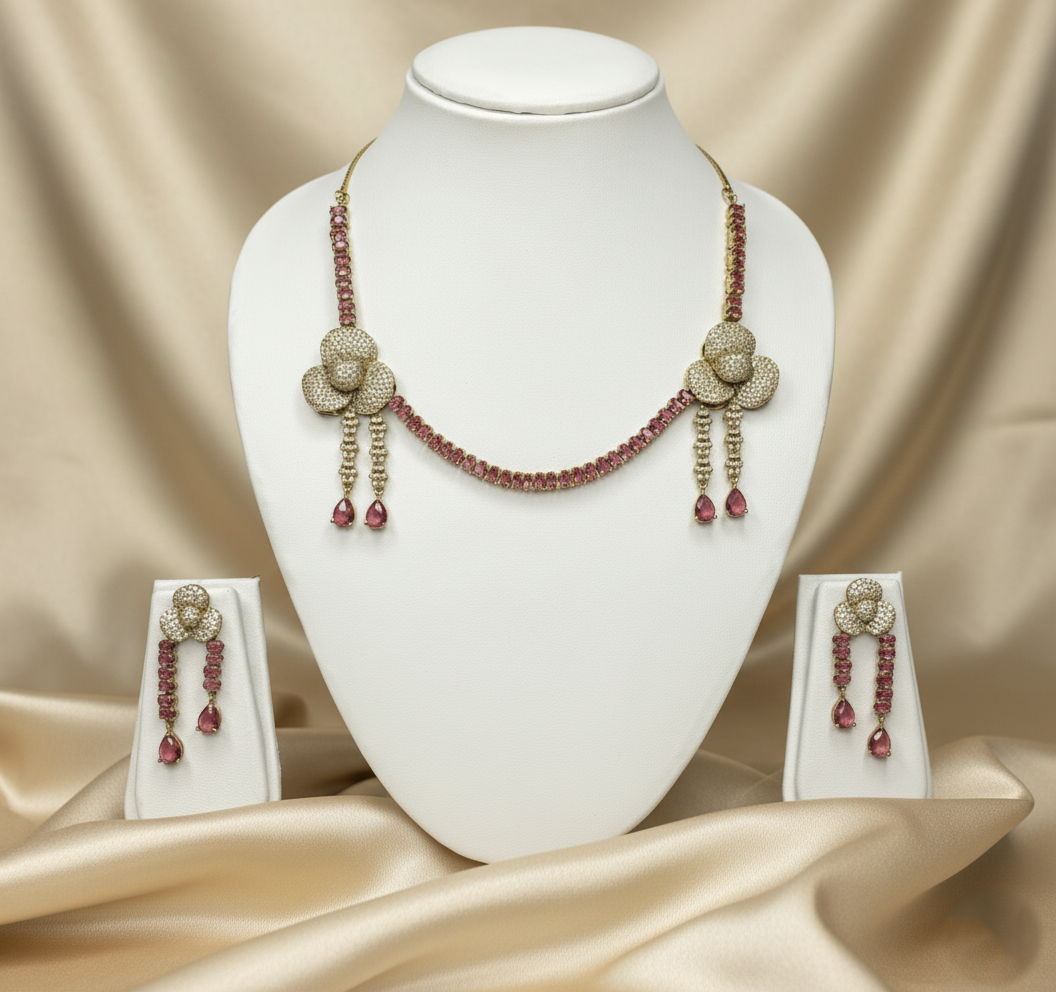 Ruby Pink Floral Victorian Diamond Necklace with Earrings
