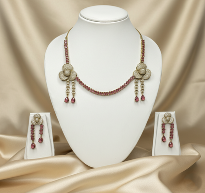 Ruby Pink Floral Victorian Diamond Necklace with Earrings