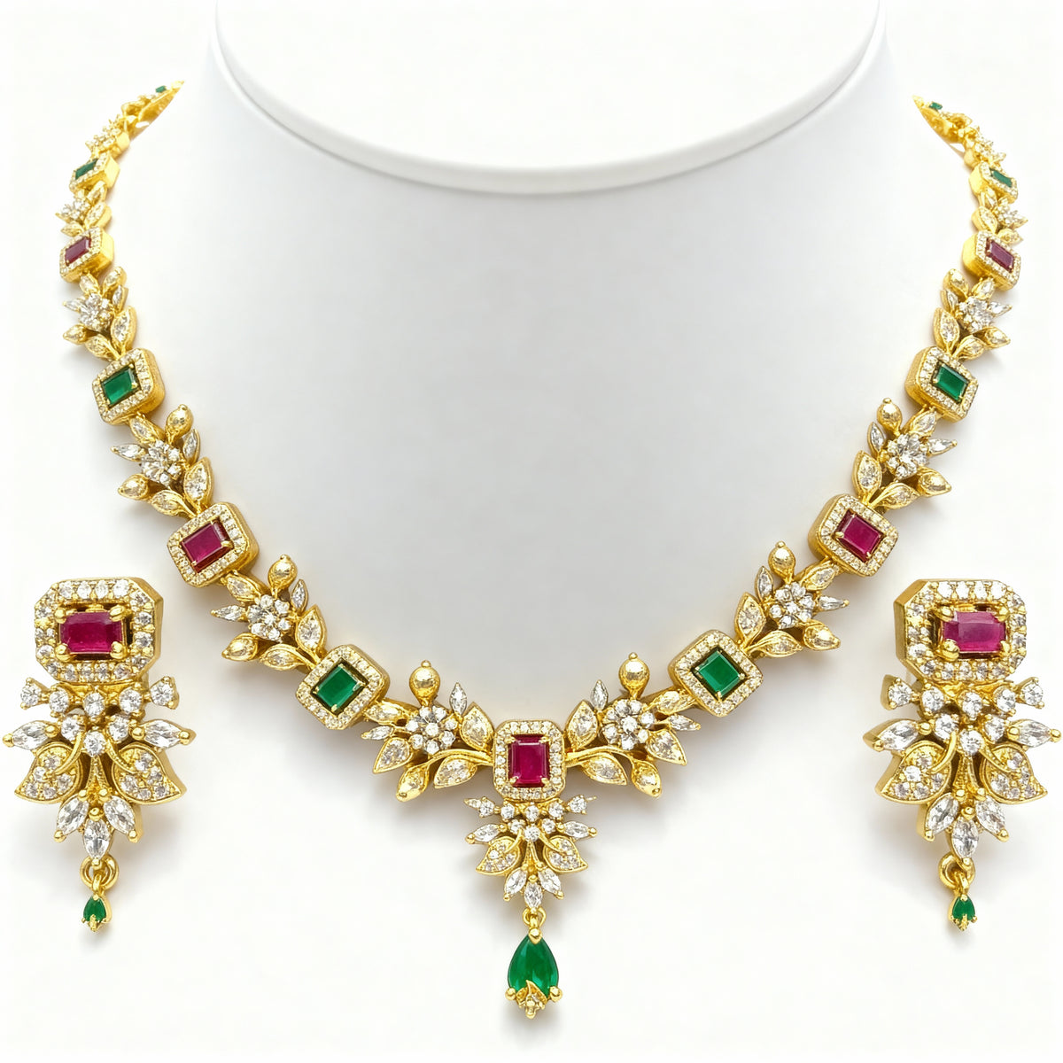 Gold Plated AD Multicolor Stone Floral Necklace Set with Earrings