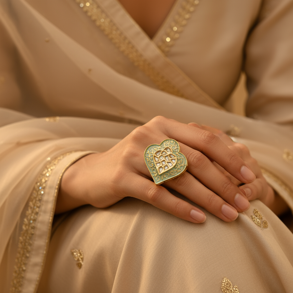 Close-up of a hand wearing a decorative ring with a beige garment in the background