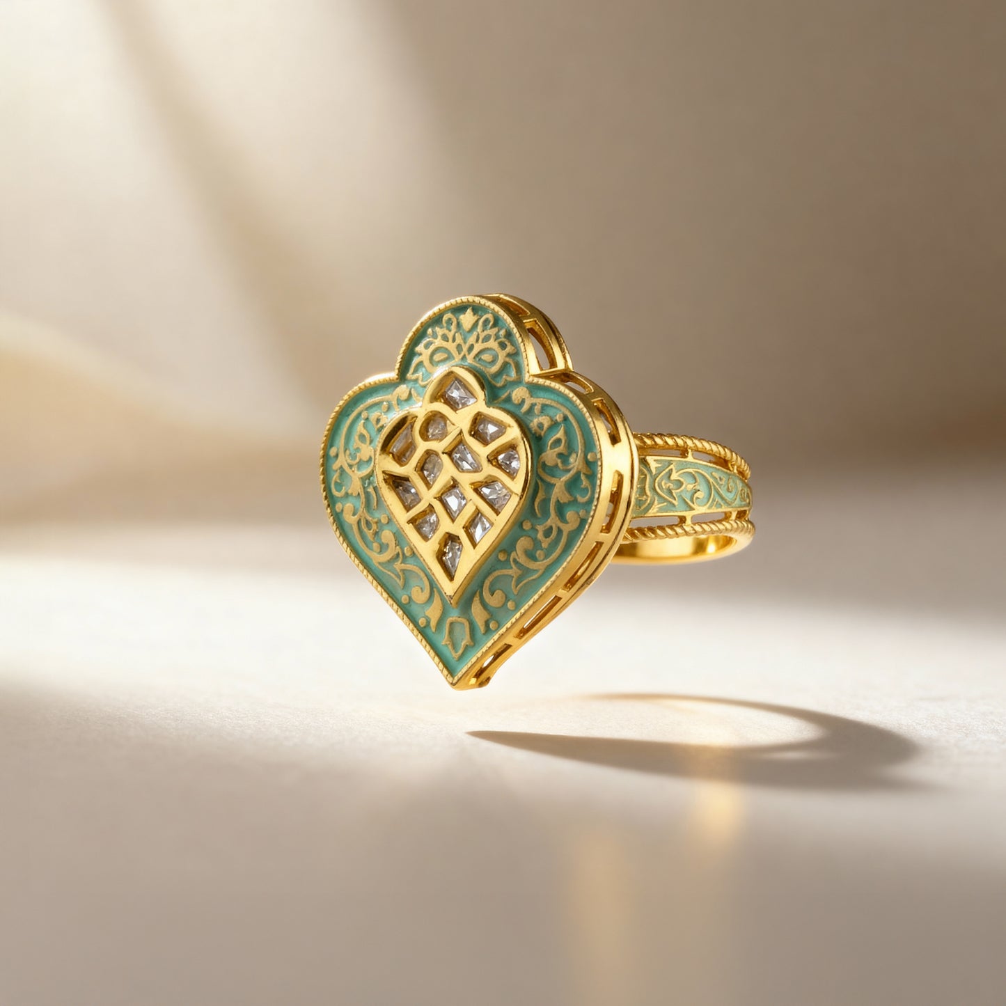 Gold and green heart-shaped ring with intricate design on a beige background