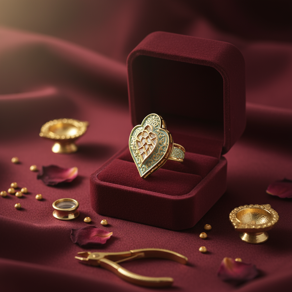 Gold heart-shaped ring in a red velvet box on a matching fabric background with gold tools and rose petals.