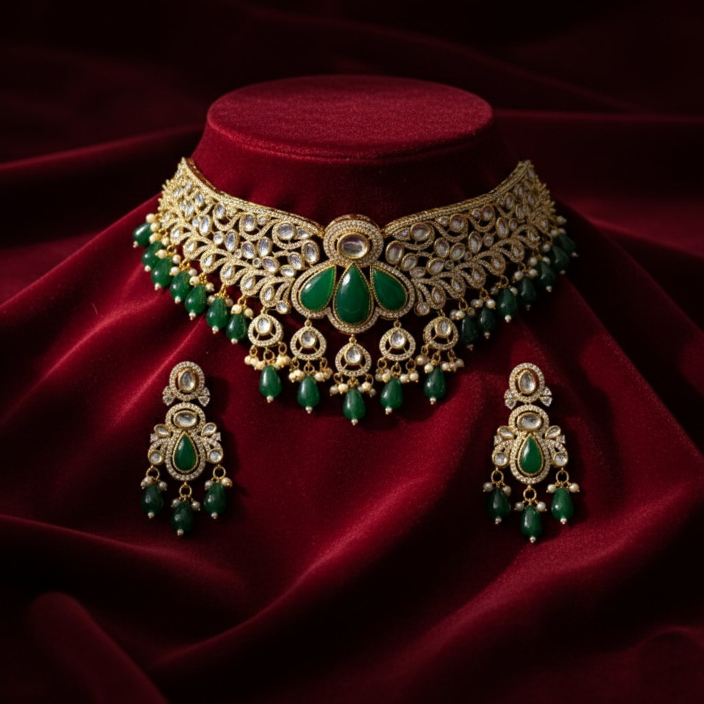 Green Kundan Polki Necklace Set with Earrings