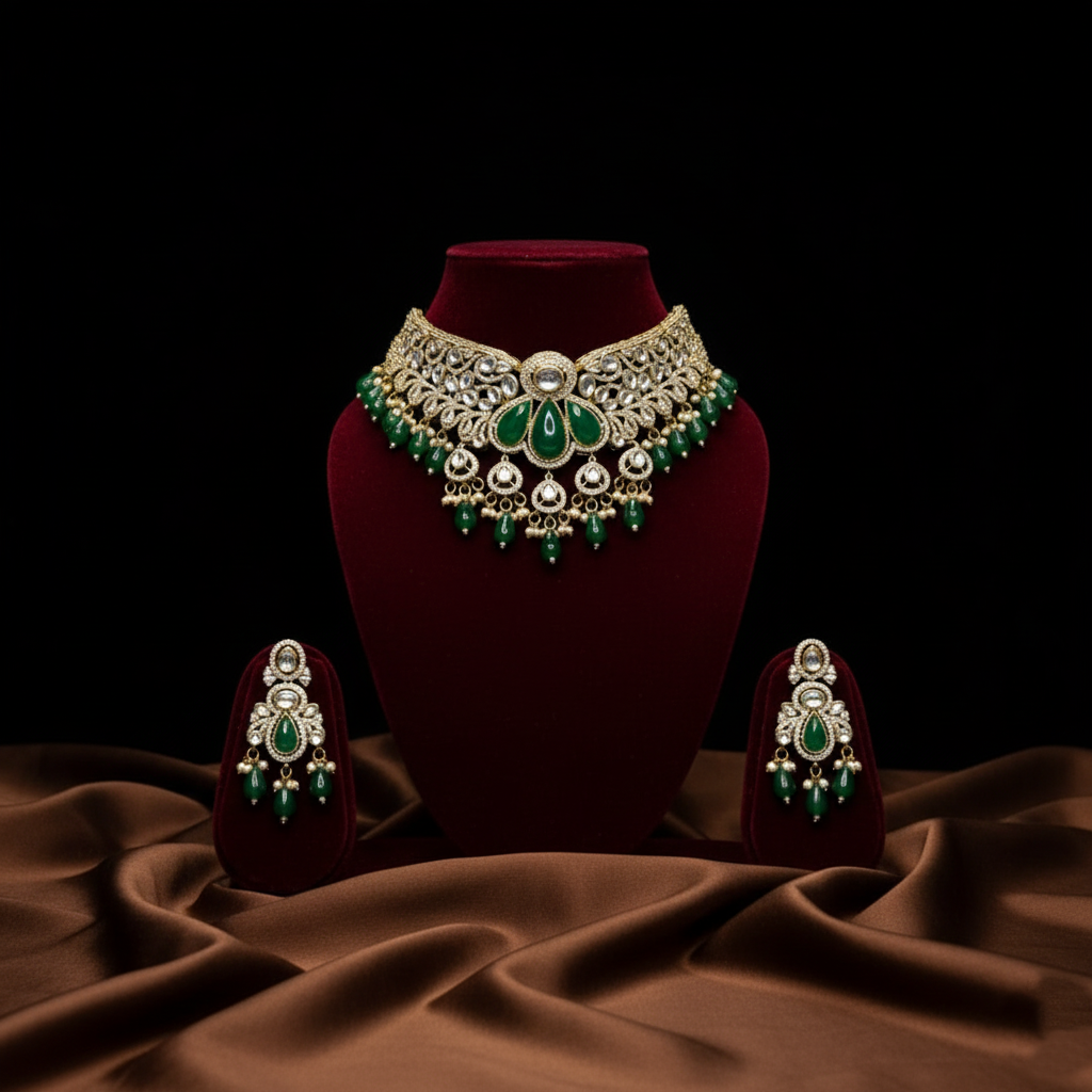 Green Kundan Polki Necklace Set with Earrings