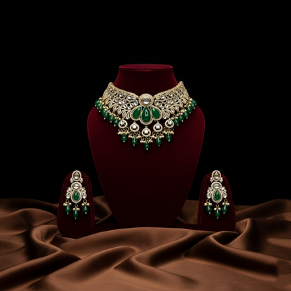Green Kundan Polki Necklace Set with Earrings