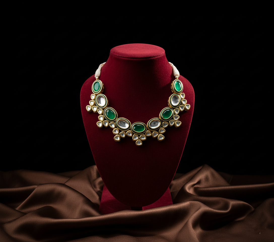 Tantaaz Green & White Kundan Jewellery Set