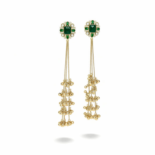 Gold earrings with green gemstones on a white background