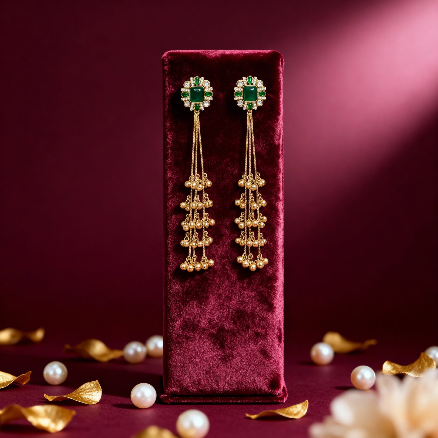 Gold earrings with green gemstones on a red velvet stand, surrounded by pearls and leaves.
