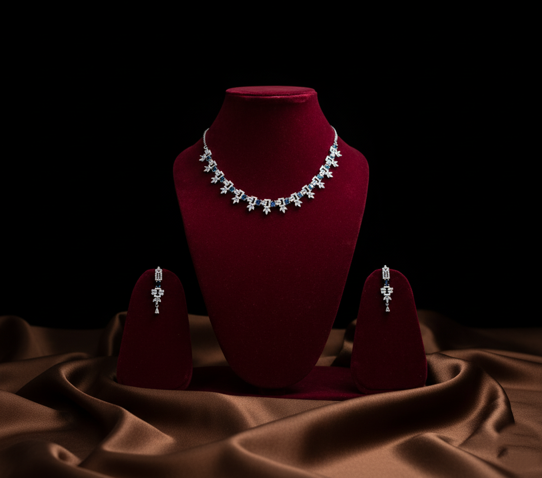 Luxury Blue American Diamond Necklace Set (Silver-Plated)