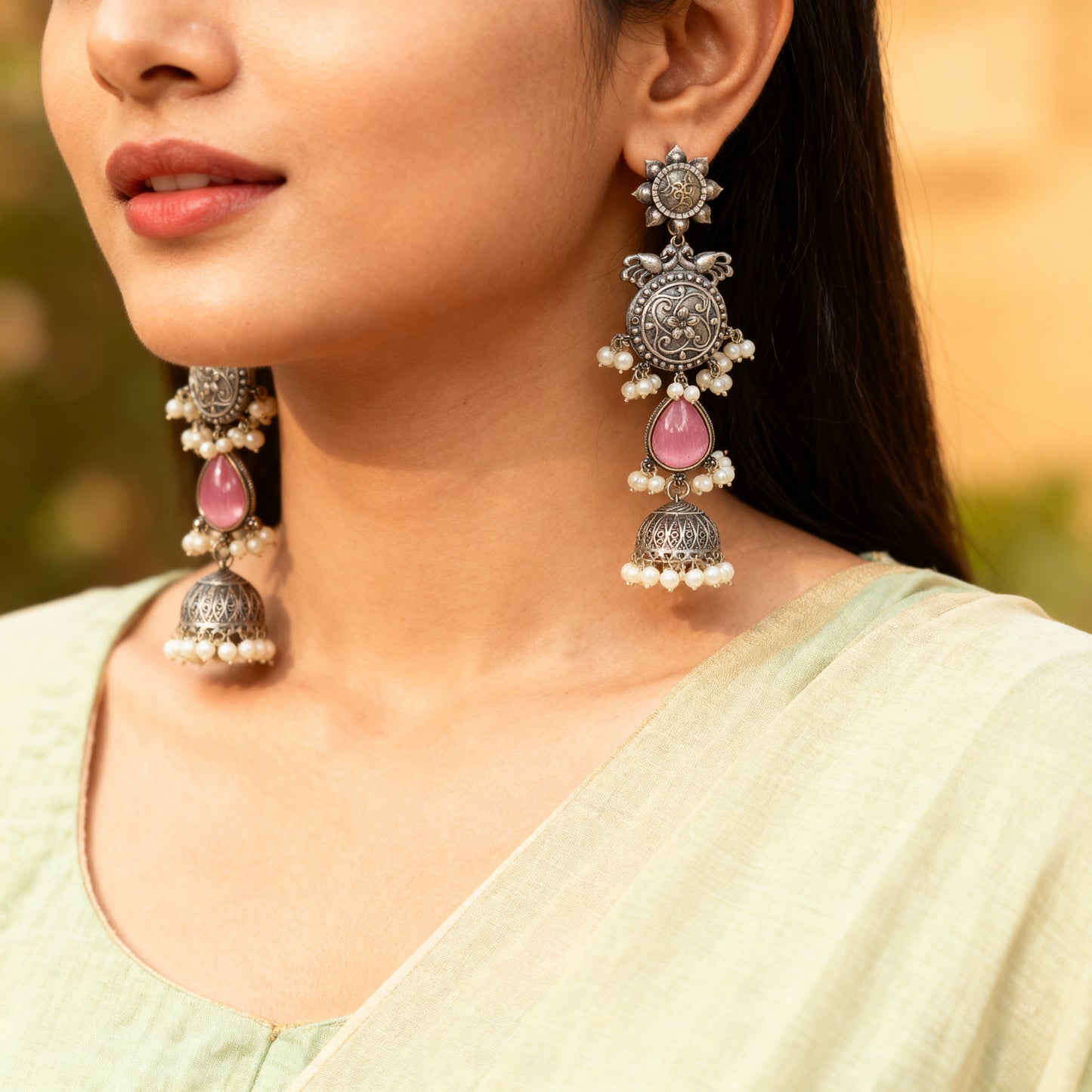 Oxidised Silver Jhumka (Mint Green & Pearls)