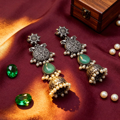 Oxidised Silver Jhumka (Mint Green & Pearls)