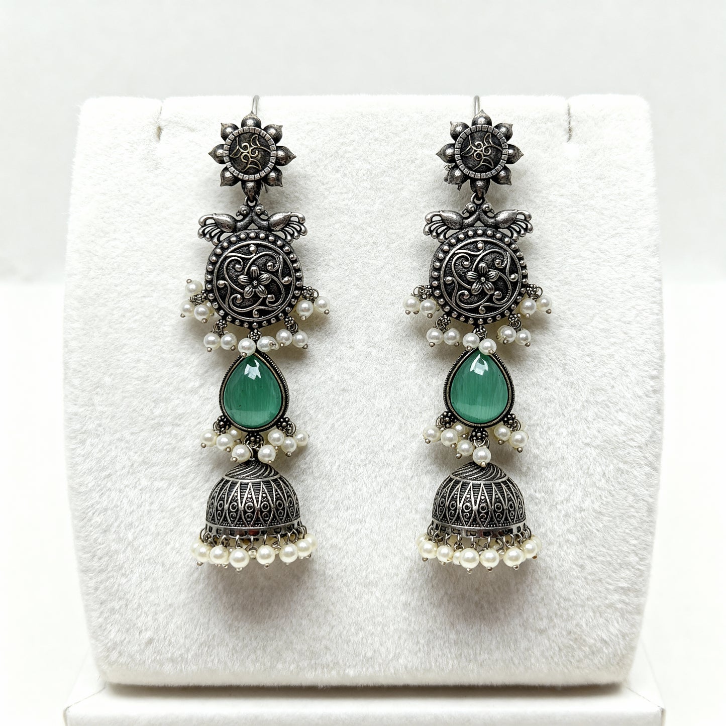 Oxidised Silver Jhumka (Mint Green & Pearls)