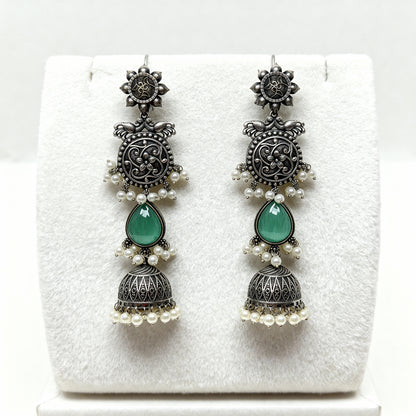 Oxidised Silver Jhumka (Mint Green & Pearls)