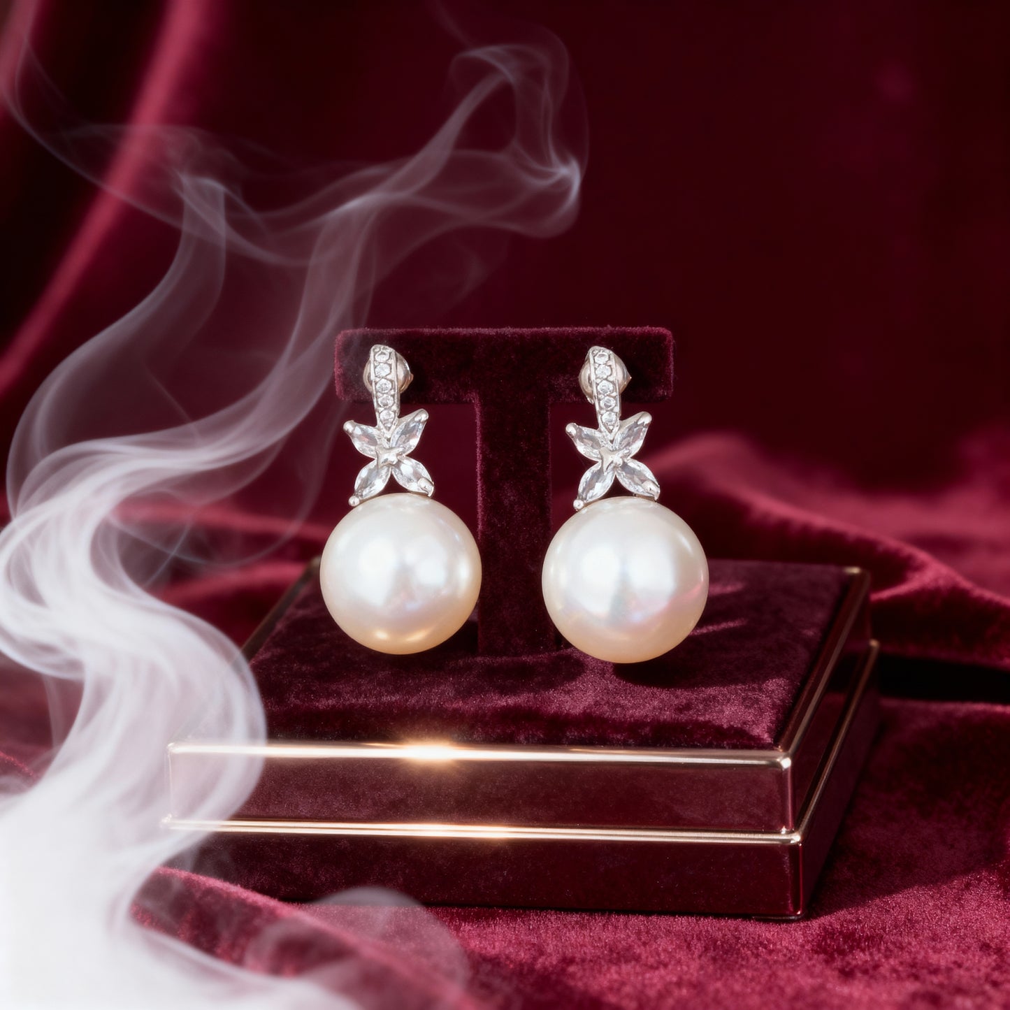 Pearl earrings on a red velvet stand with a red background