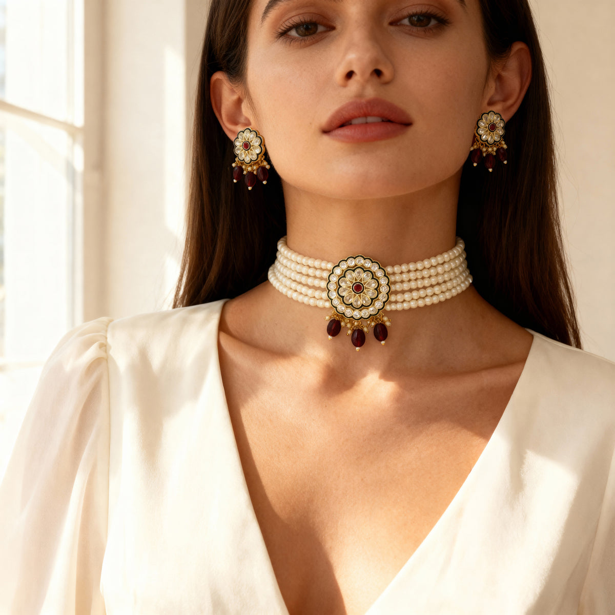 Pearl and Kundan Choker Necklace Set (Maroon)