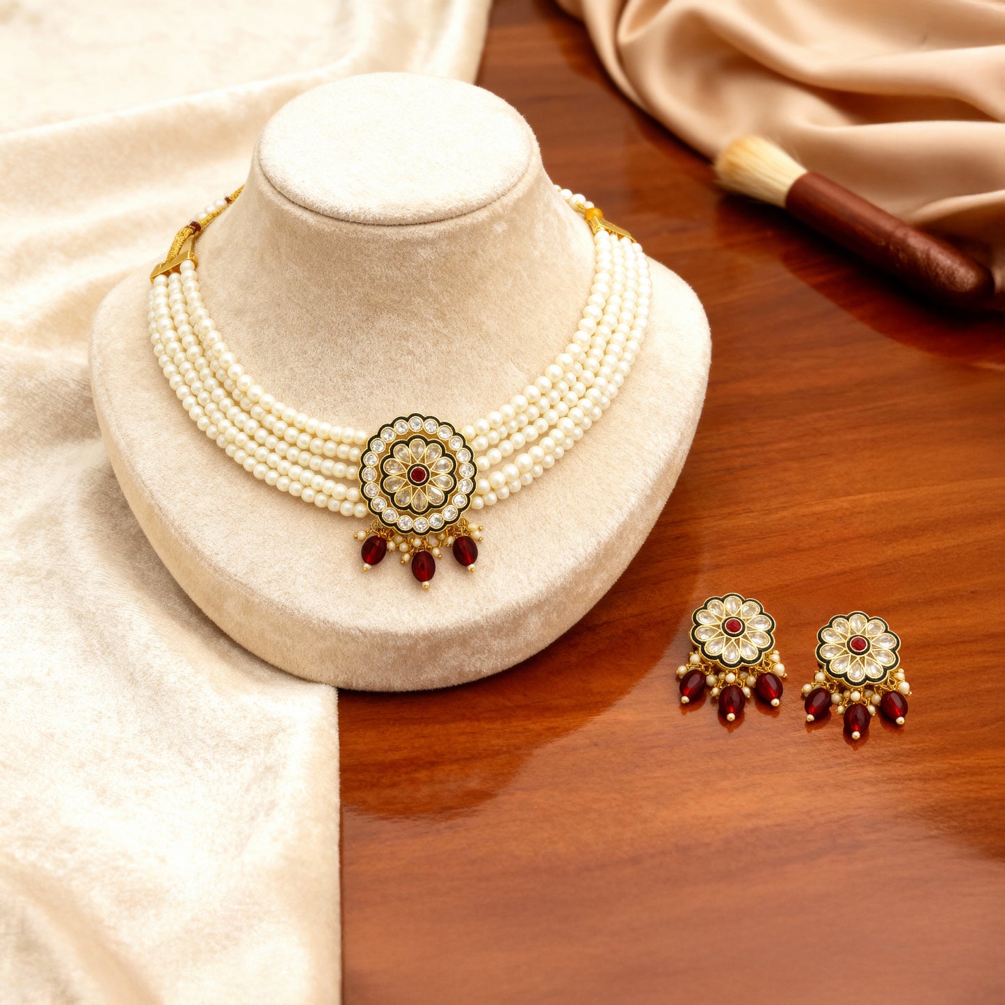 Pearl and Kundan Choker Necklace Set (Maroon)