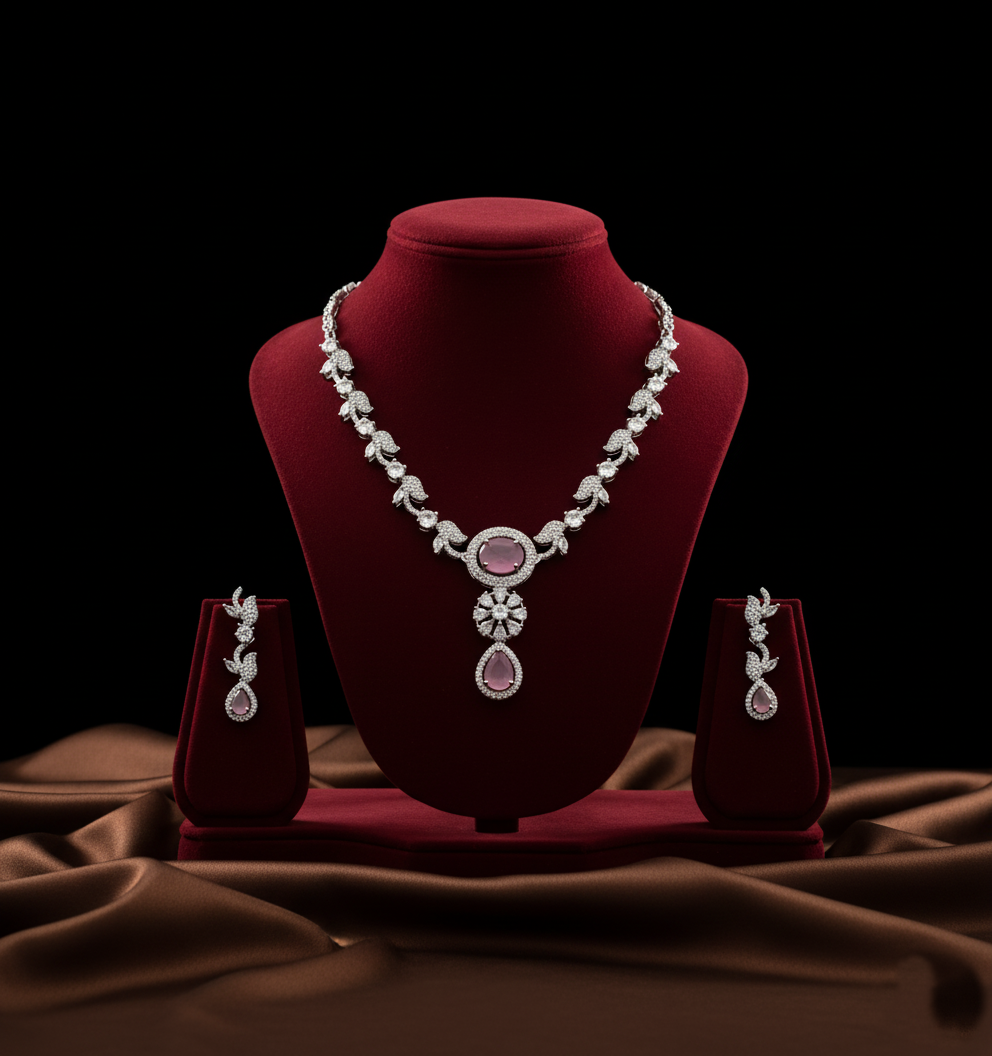 Jewelry set with necklace and earrings on a red velvet stand against a dark background