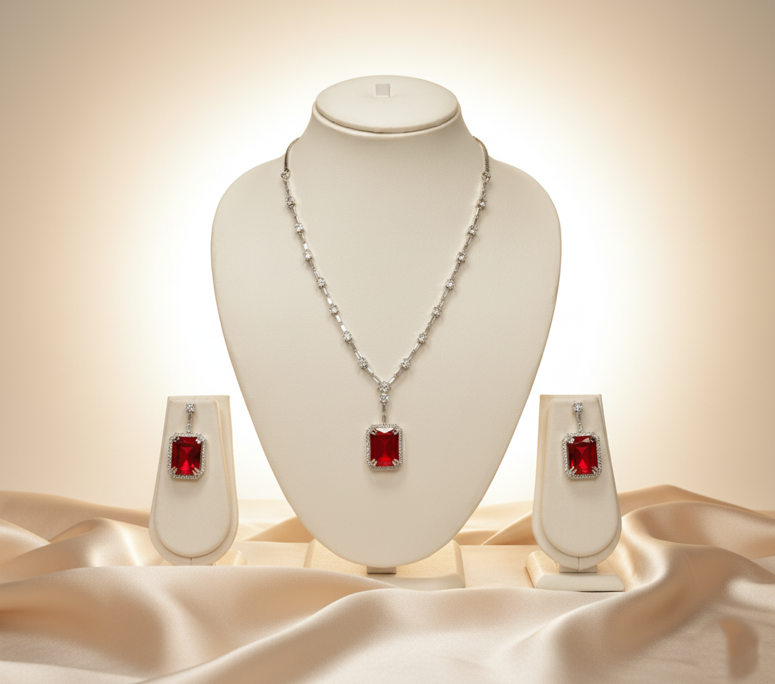 Jewelry set with necklace and earrings on a mannequin bust against a beige background
