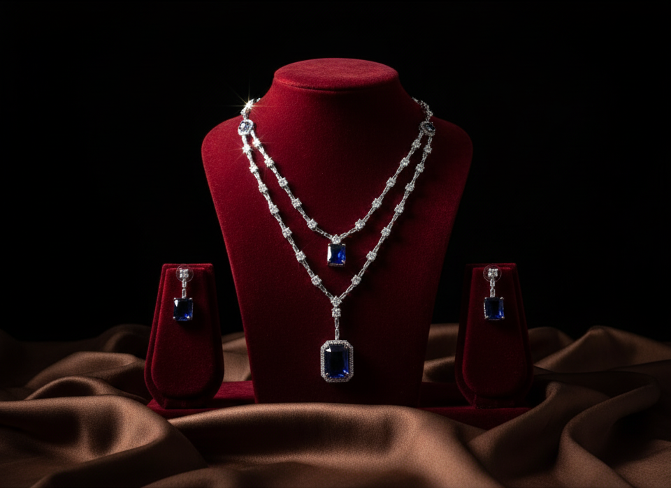 Jewelry set with necklace and earrings on a red velvet stand against a dark background