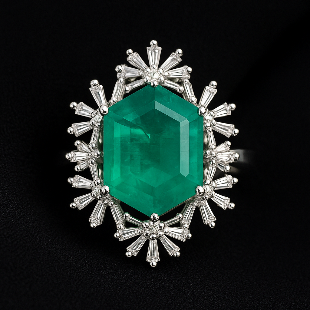 Emerald green gemstone surrounded by silver and diamond-like elements on a black background