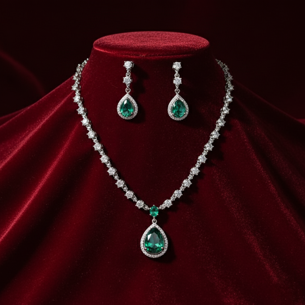 Jewelry set with necklace and earrings on a red velvet background