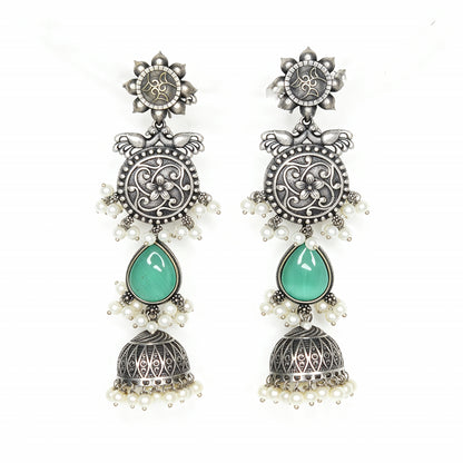 Oxidised Silver Jhumka (Mint Green & Pearls)