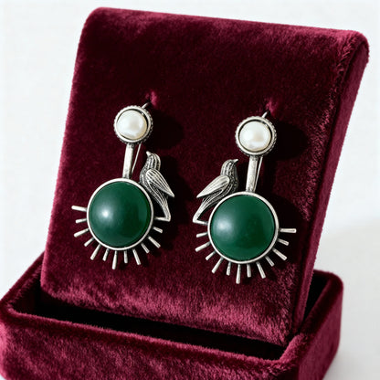 Oxidized Silver-Toned & Red Floral Earring