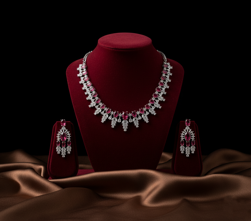 Jewelry set with necklace and earrings on a red velvet stand against a dark background