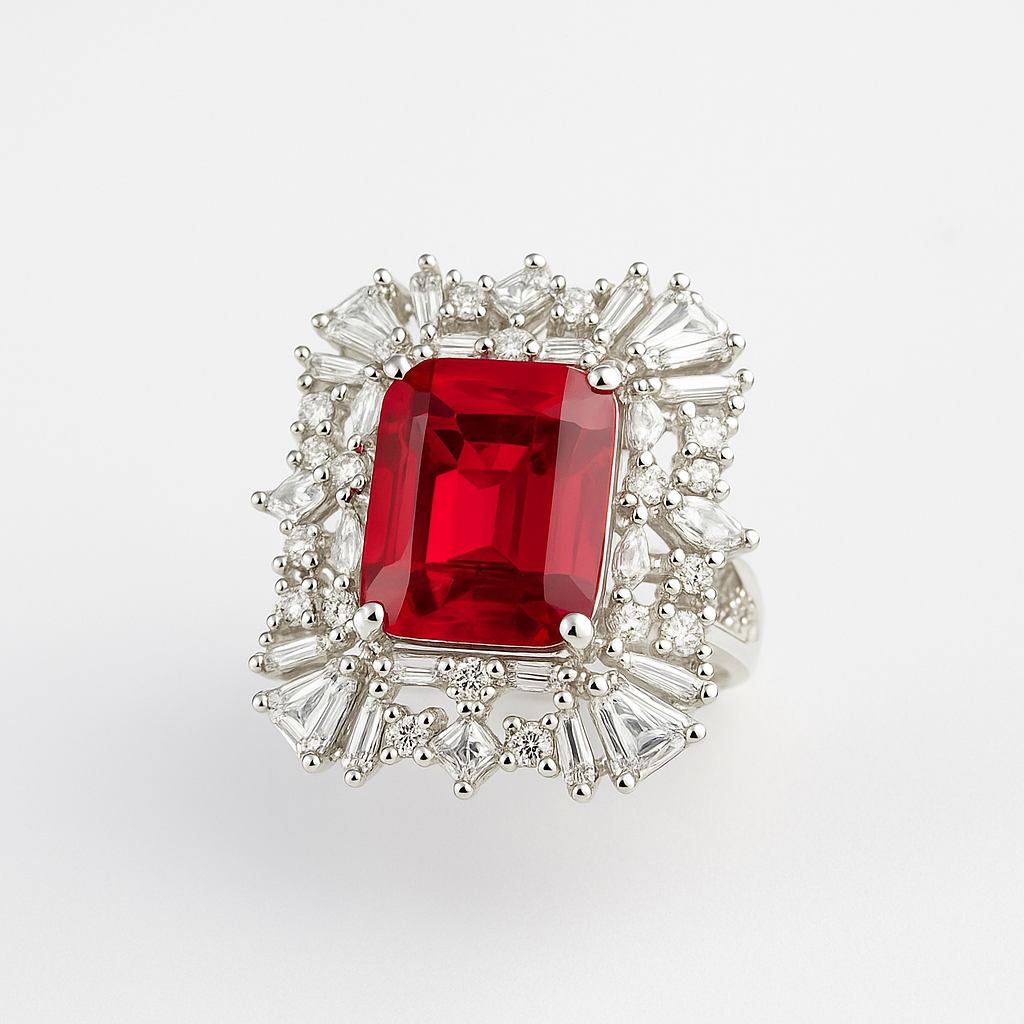Jewelry with a red gemstone and silver accents on a white background