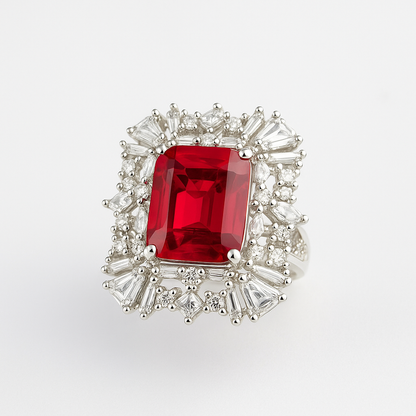 Jewelry with a red gemstone and silver accents on a white background