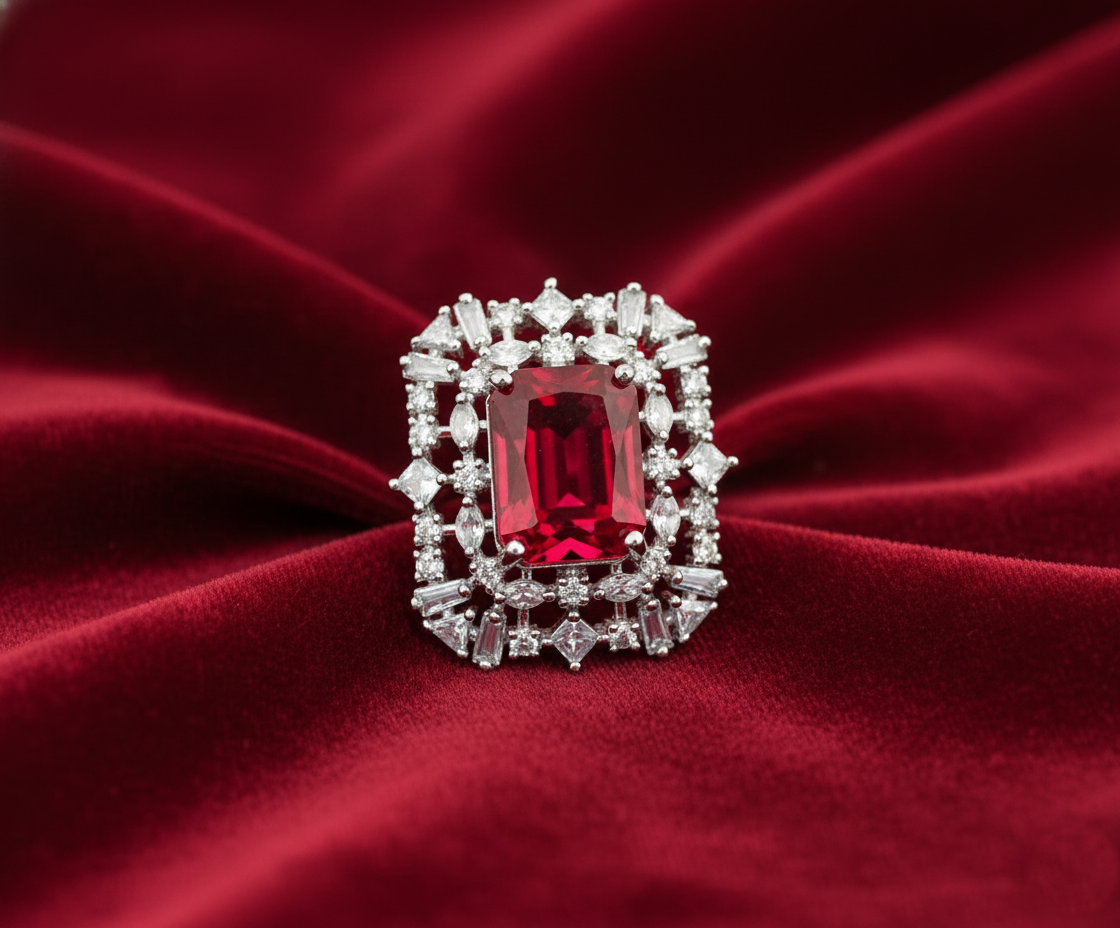 Ring with a red gemstone and diamond accents on a red fabric background