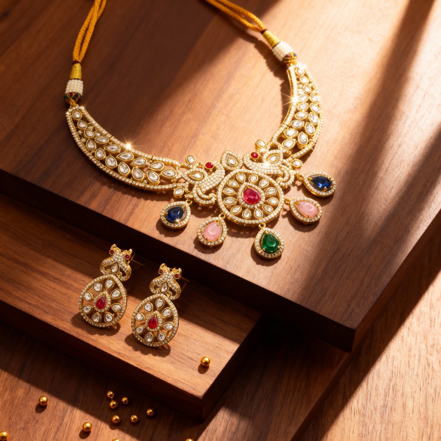 Traditional Kundan Polki Necklace Set with Multicolour Stones