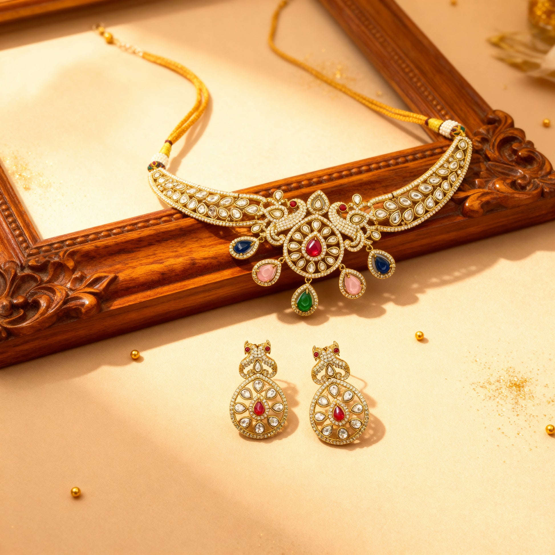Gold necklace and earrings with gemstones on a wooden surface