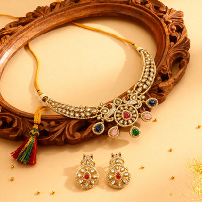 Traditional Kundan Polki Necklace Set with Multicolour Stones