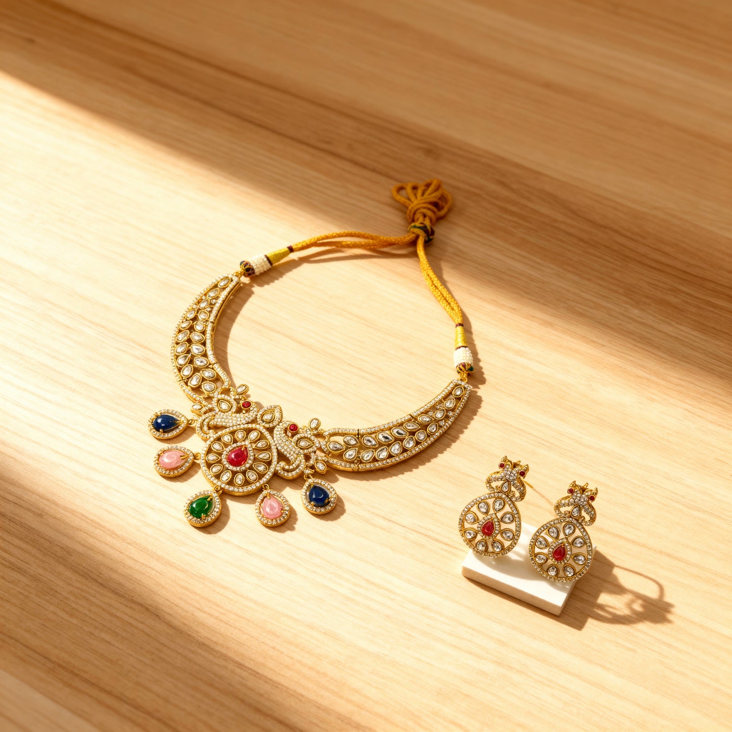 Traditional Kundan Polki Necklace Set with Multicolour Stones