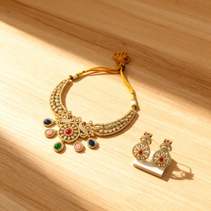 Traditional Kundan Polki Necklace Set with Multicolour Stones