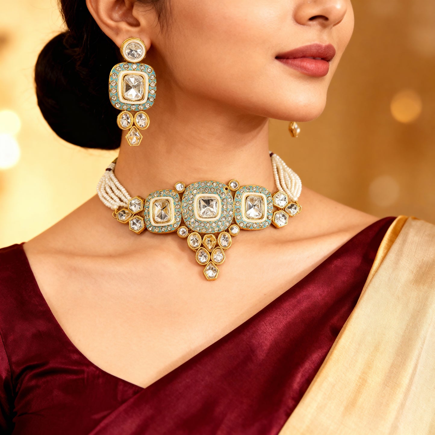 Tantaaz Traditional Kundan Green Gold Plated Choker Set