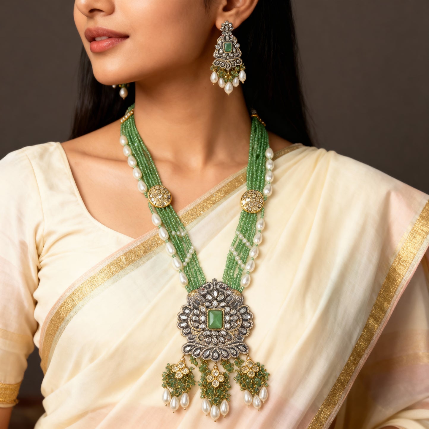 Victorian Rich Green Beads & White Pearl Haar with Earring