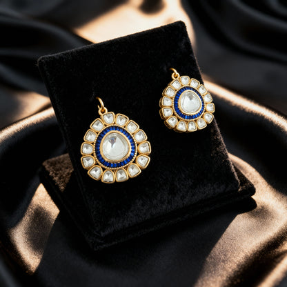 Gold Plated Kundan Polki Stud Earring (Blue Center)