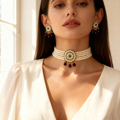 Pearl and Kundan Choker Necklace Set (Maroon)
