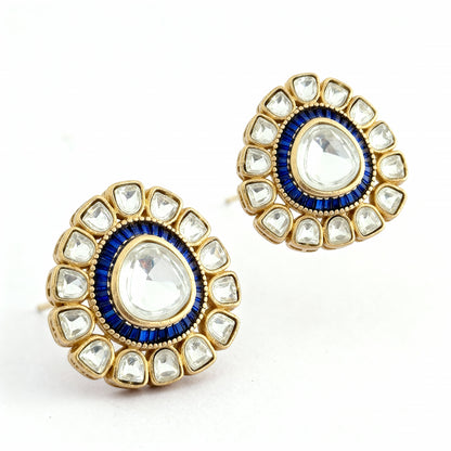 Gold Plated Kundan Polki Stud Earring (Blue Center)