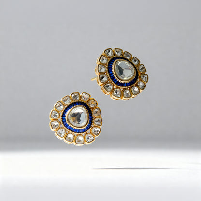 Gold Plated Kundan Polki Stud Earring (Blue Center)