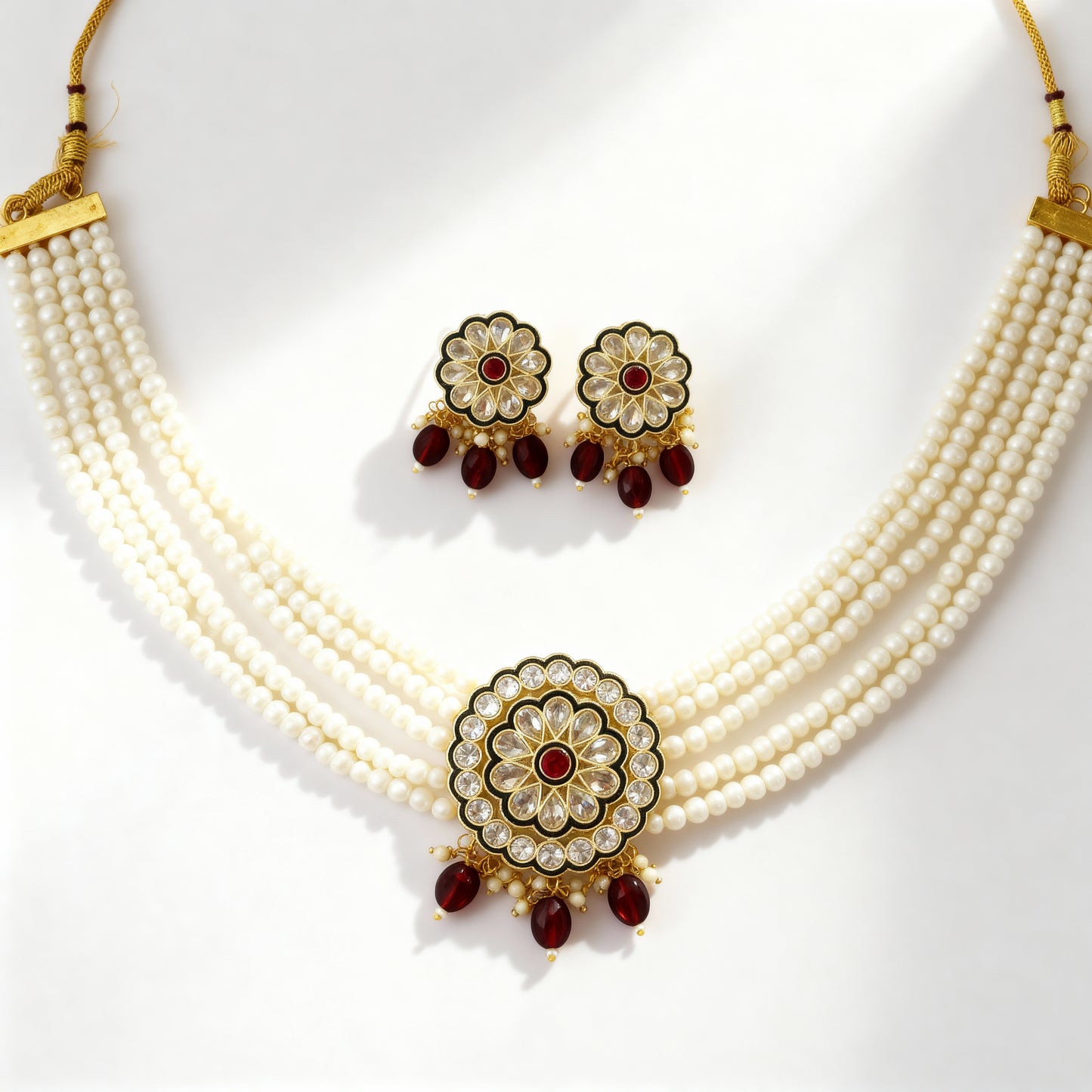 Pearl and Kundan Choker Necklace Set (Maroon)