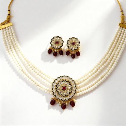 Pearl and Kundan Choker Necklace Set (Maroon)