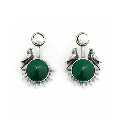 Oxidized Silver-Toned & Red Floral Earring