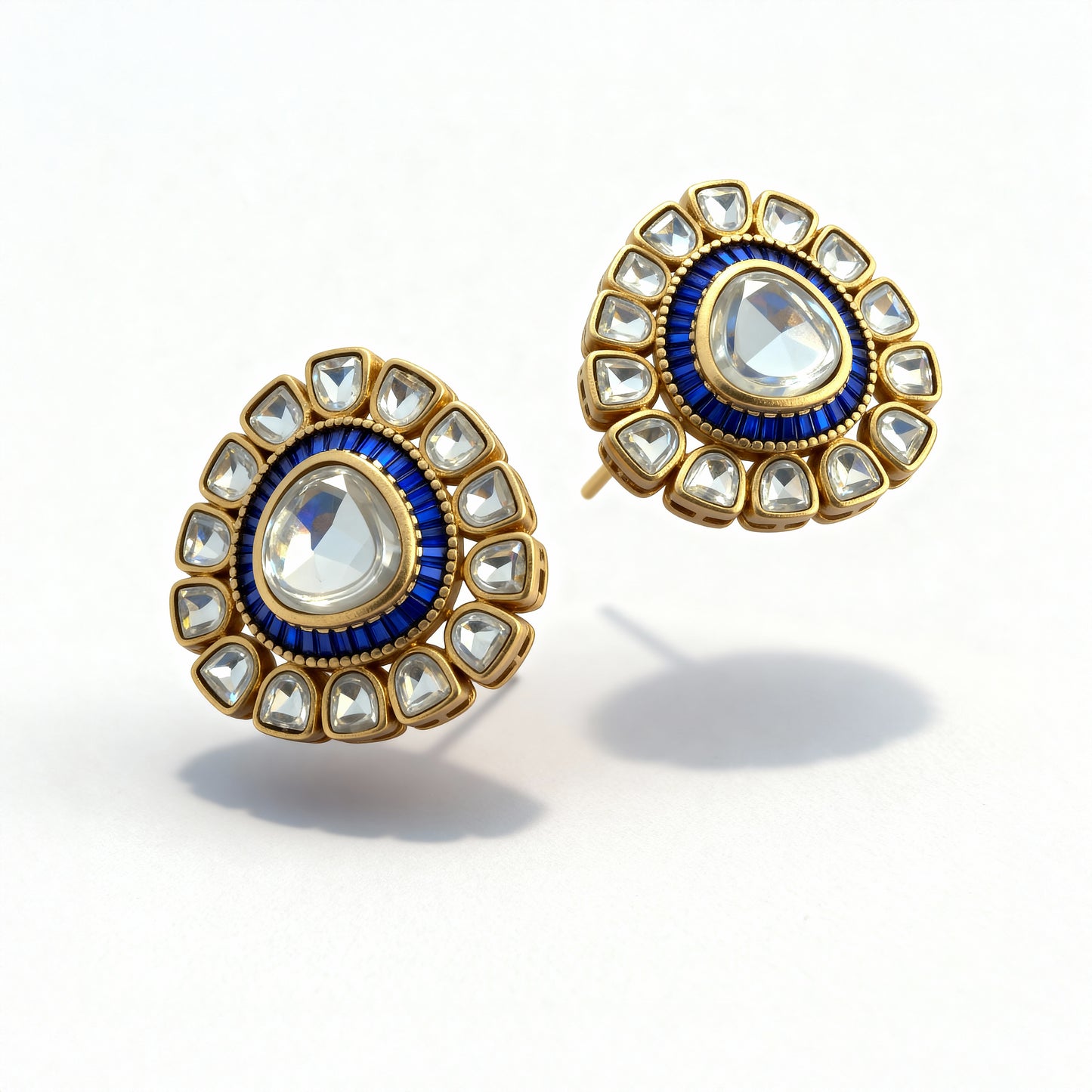 Gold Plated Kundan Polki Stud Earring (Blue Center)