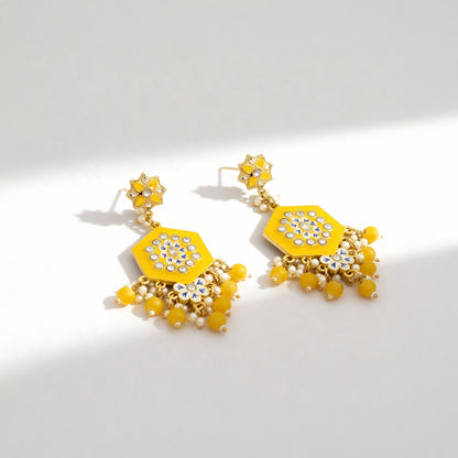 Yellow & Gold Toned Floral Drop Earring