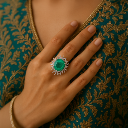 Tantaaz Zirconic Green Stone Lab Grown Emerald Adjustable Ring