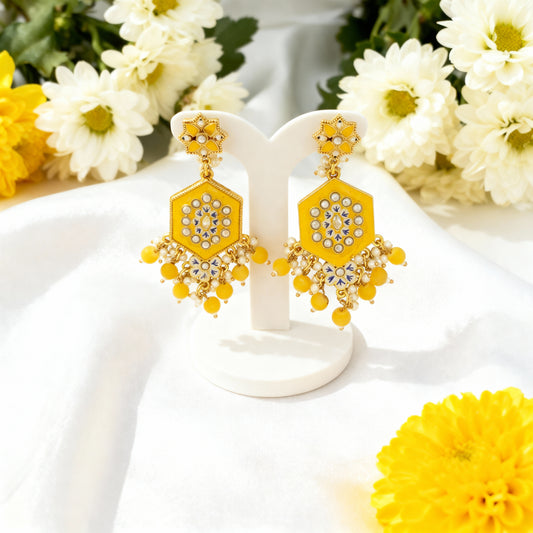 Yellow & Gold Toned Floral Drop Earring