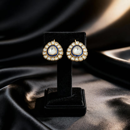Gold Plated Kundan Polki Stud Earring (Blue Center)